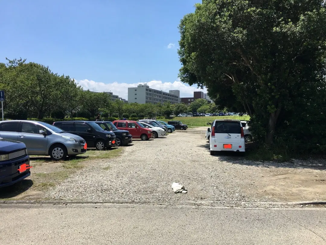 駐車場の画像。砂利の上に適当に車が止まっている